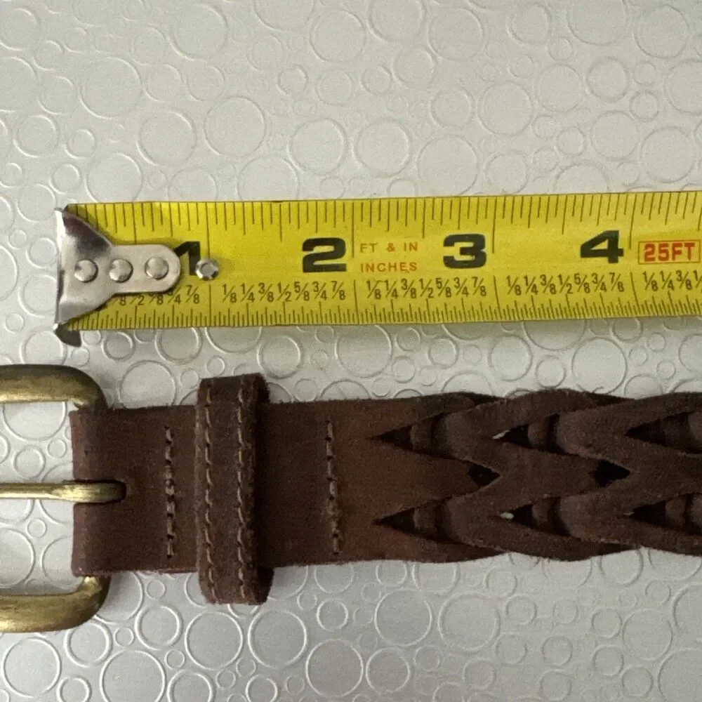 Vintage Mexico Braided Leather Belt 42 Mens Brown Wide Open Weave Brass Chevron
